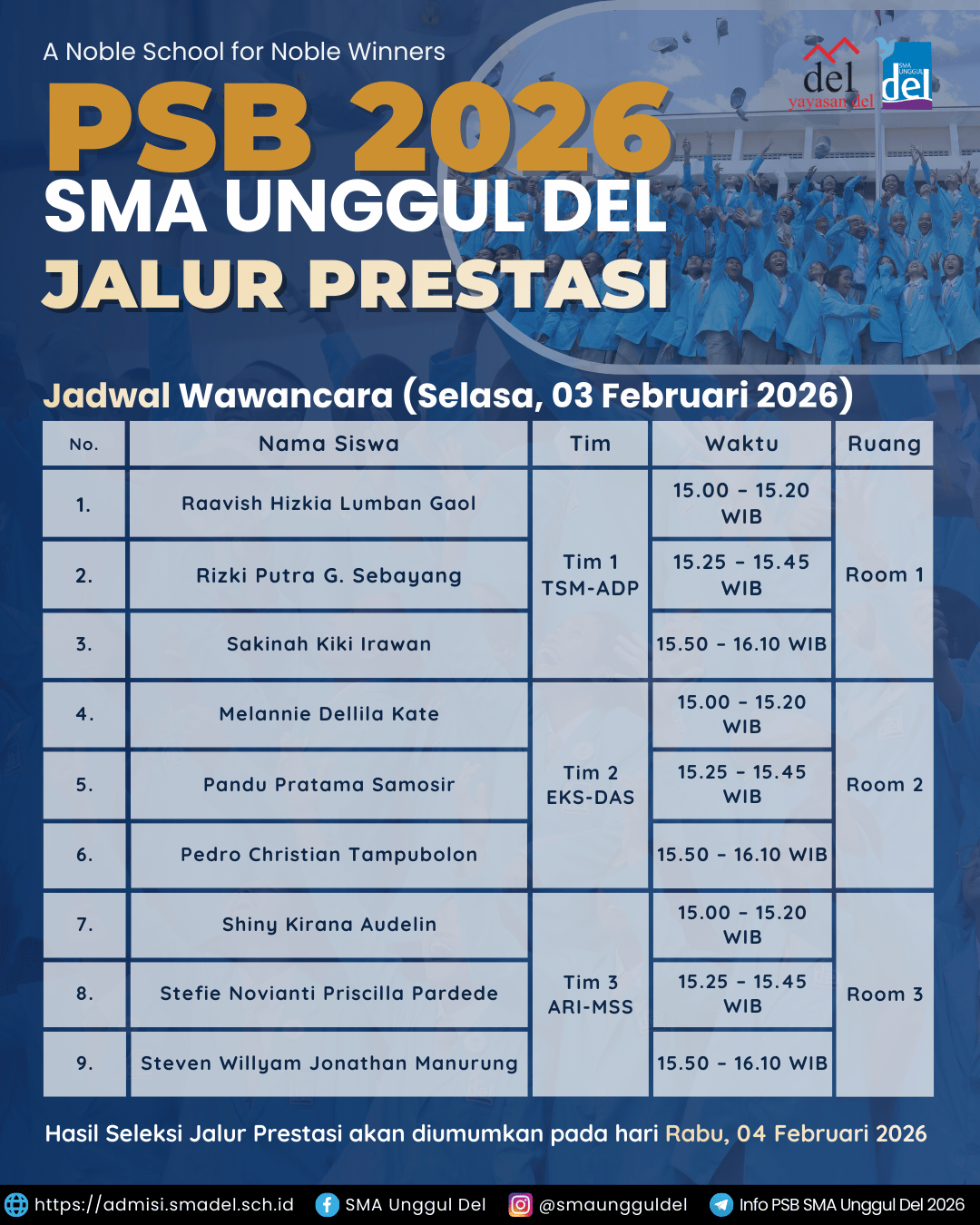 Jadwal Wawancara Hasi Seleksi Berkas Peserta Jalur Prestasi PSB SUD 2026 - 2