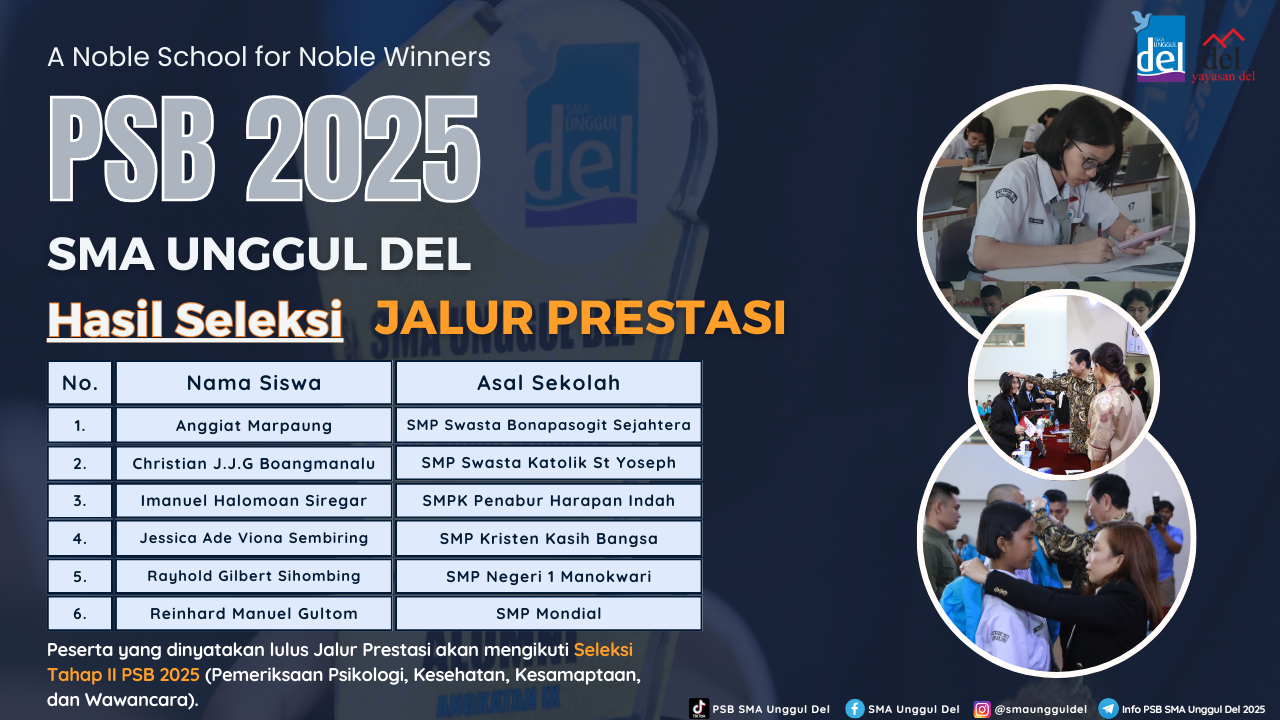 Pengumuman Hasil Seleksi Jalur Prestasi PSB SMA Unggul Del 2025
